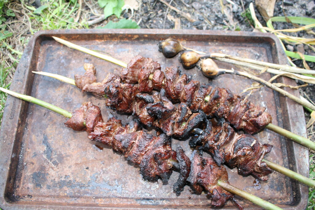 finished grilled skewers and garlic