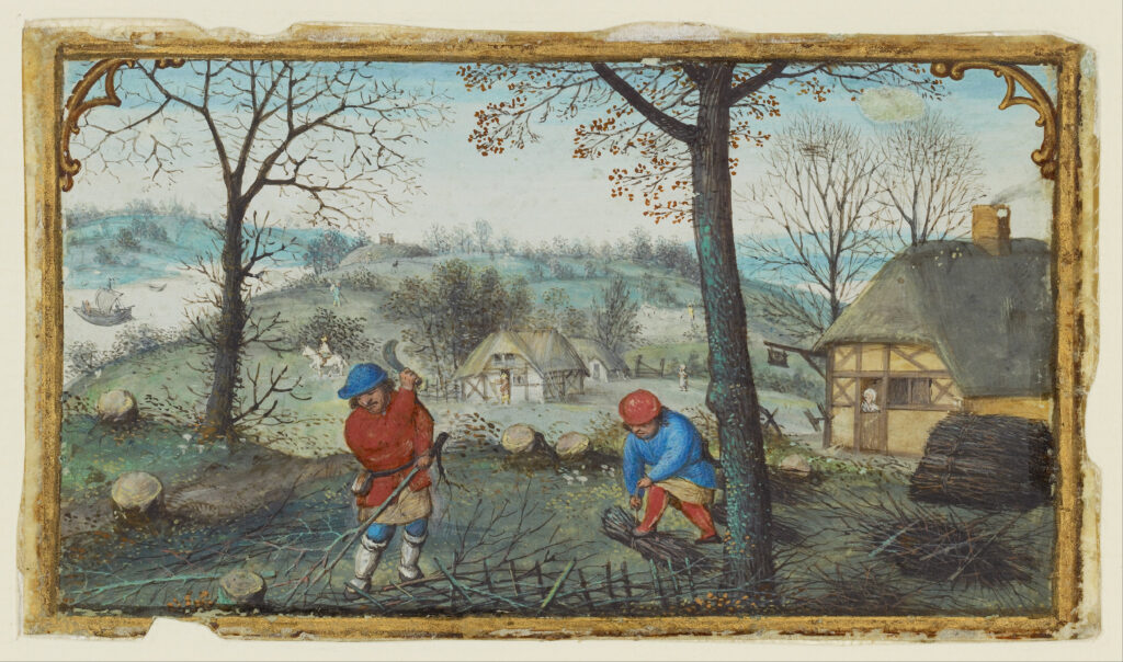 Simon Bening. Flemish peasants gathering withes in the spring.