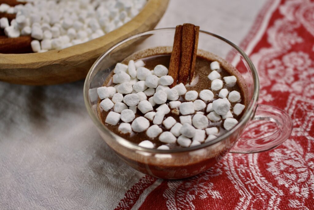 cup of hot cocoa with a cinnamon stick and marshmallows