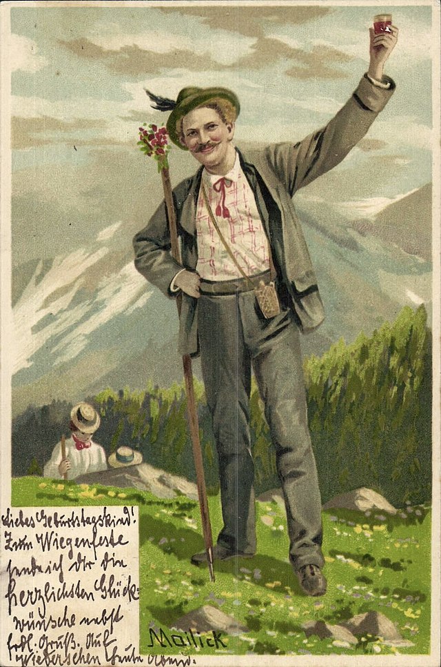 A painting of an Alpine man holding an alpenstock and a glass in a raised hand