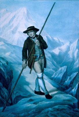 painting of an alpine mountaineer holding a long pole and a hatchet