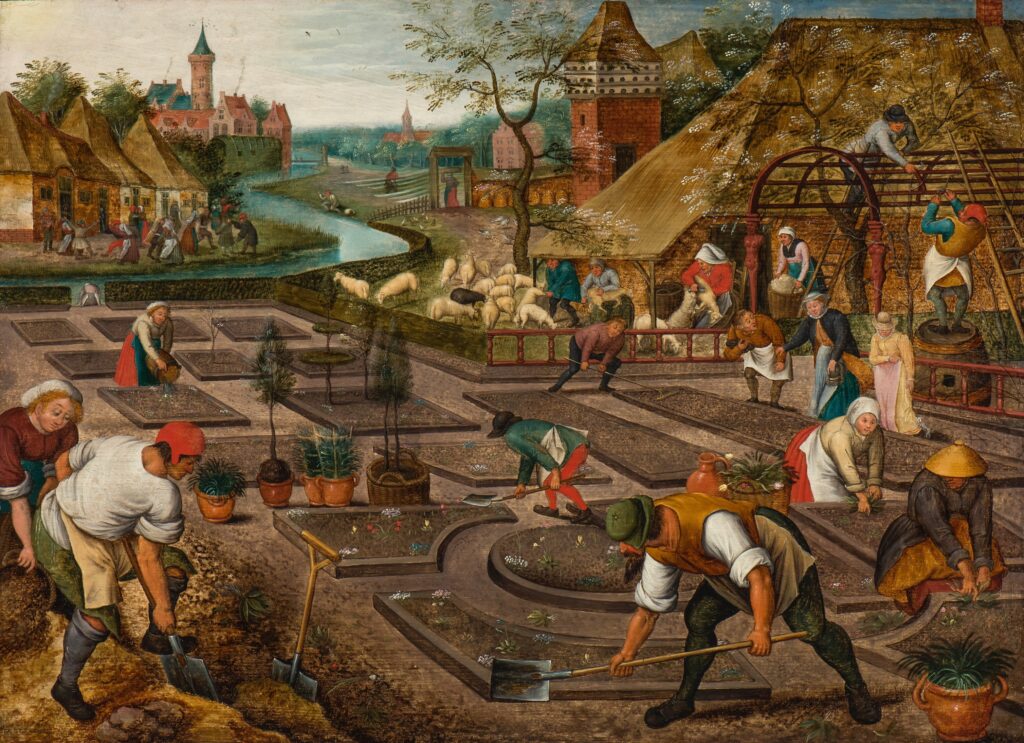 a renaissance painting of Gardeners in spring