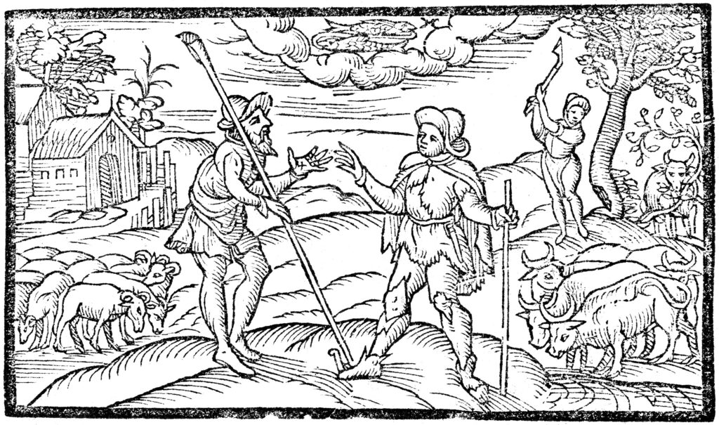 woodcut of medieval peasant herders