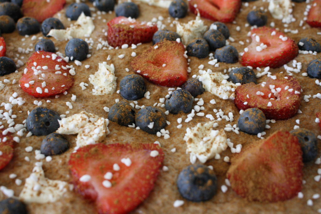 berries, blueberries, cinnamon, and Swedish pearl sugar on focaccia