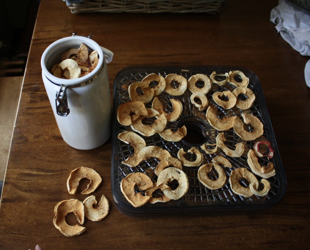 a tray of dry apple slices next to a ceramic jar filled with apple slices sitting on a wooden table