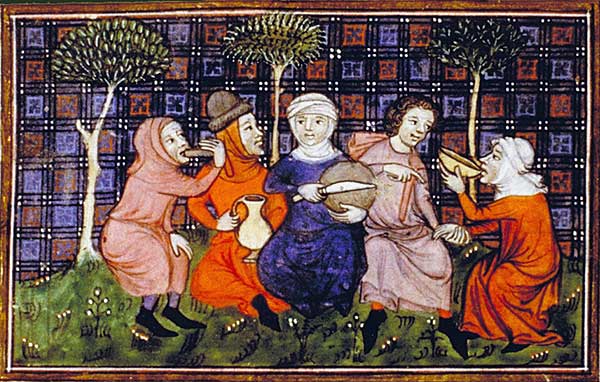 medieval painting of peasants breaking bread