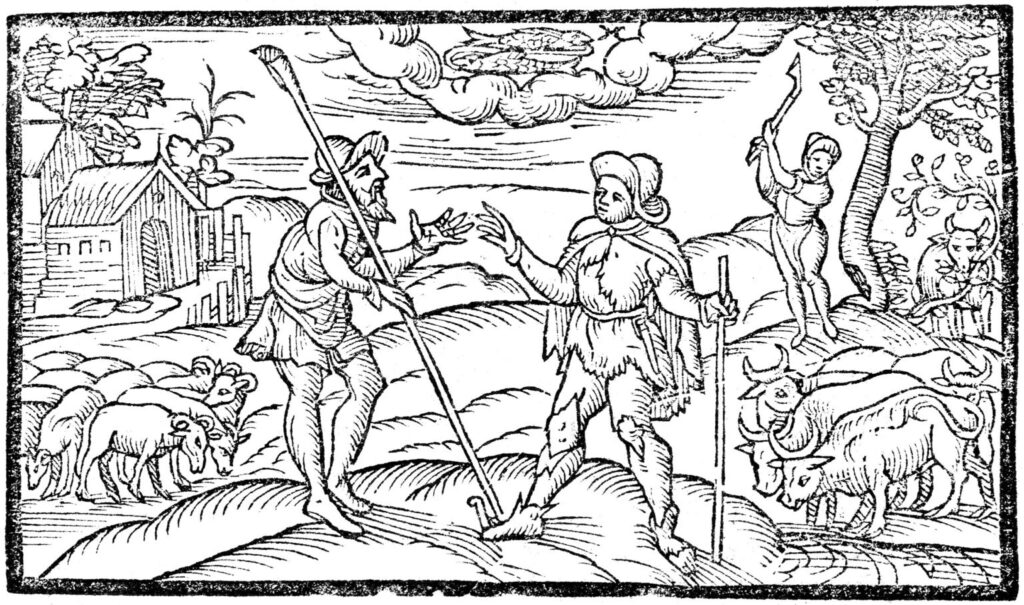 a black and white woodcut of two peasants with livestock conversing together about the Ember days