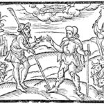 a black and white woodcut of two peasants with livestock conversing together about the Ember days