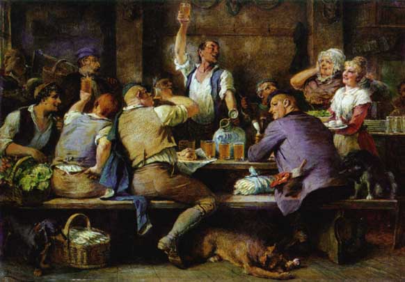 painting of German men and women drinking apple cider at a table