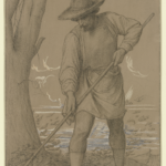 man with a wide-brimmed hat and long tunic raking leaves with a wooden rake next to a tree