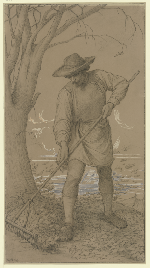 man with a wide-brimmed hat and long tunic raking leaves with a wooden rake next to a tree