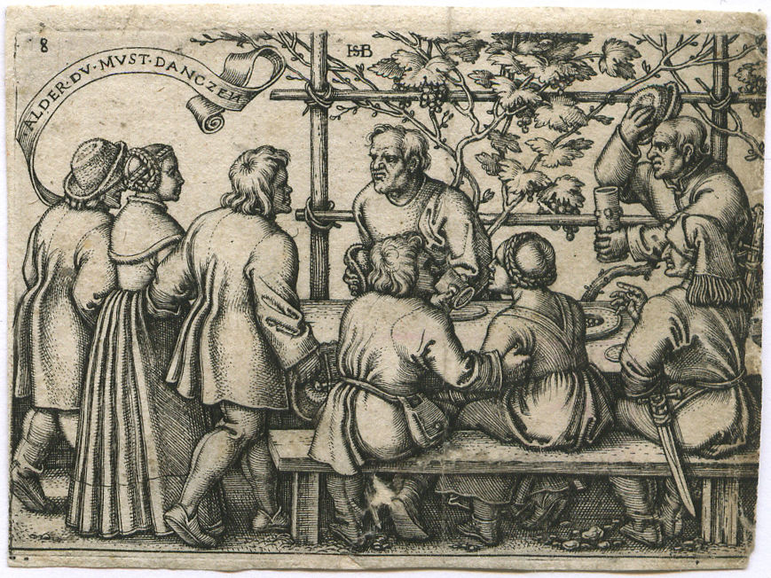 woodcut of peasants feasting around a long table with leaves in the background