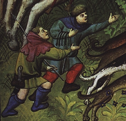 a medieval painting of two hunters on foot following hounds.  One holds a spear and they have their hands extended.  