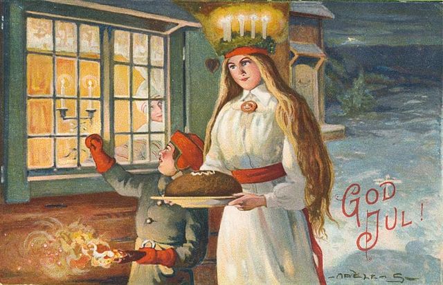 painting of a child on the left holding a burning light and a girl dressed as St Lucy with long blonde hair in a white dress and red sash and a Lucy crown of candles, carrying gingerbread on a plate. They are knocking on a window of a house where an elderly person is looking.