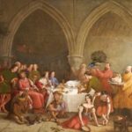 painting of traditional Christmas celebrations in a royal medieval hall.