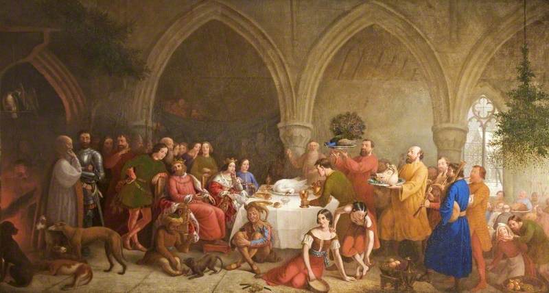 painting of traditional Christmas celebrations in a royal medieval hall.