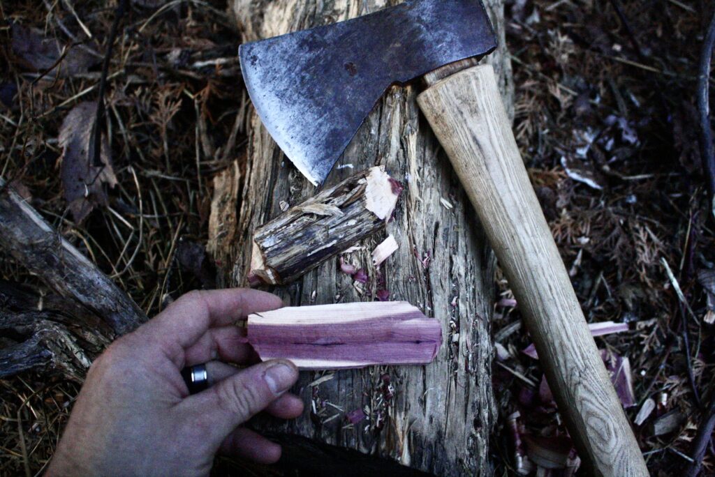 hand holding a split section of juniper wood with an axe sitting on a log in the background