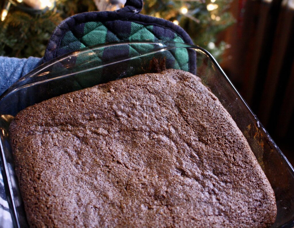 freshly baked gingerbread in a pan being held with green and black plaid potholders