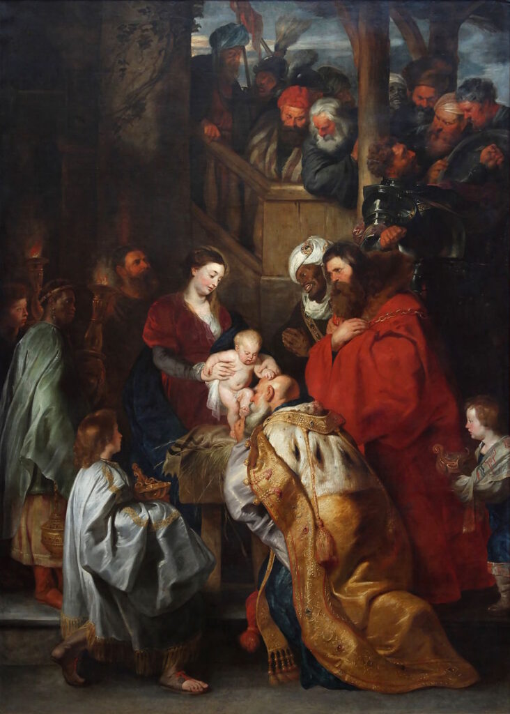 painting of the three Magi adoring the Christ child being held by the Blessed Virgin.  One of the Magi is kneeling before Jesus, who is caressing his head.