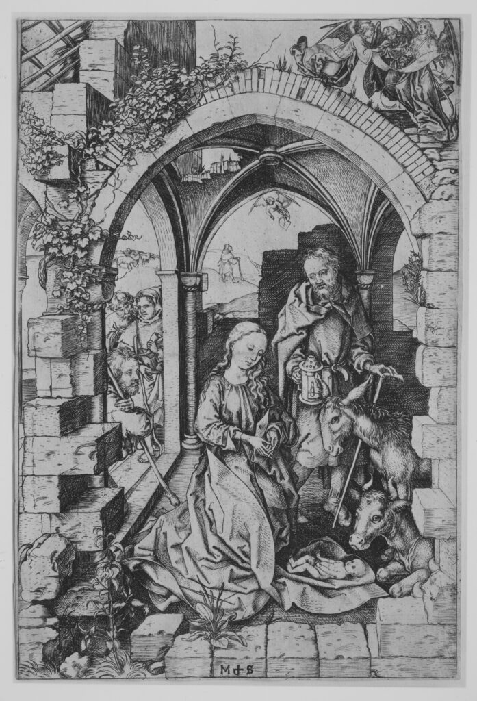 drawing of the Blessed Virgin and St Joseph standing under a masonry arch adoring the  Christ child with shepherds looking on from the left.