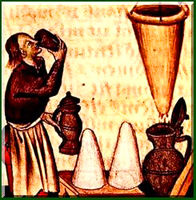 a medieval painting of a man drinking from a mug and pitcher standing next to two sugarloafs and a filter dripping nto a large pitcher