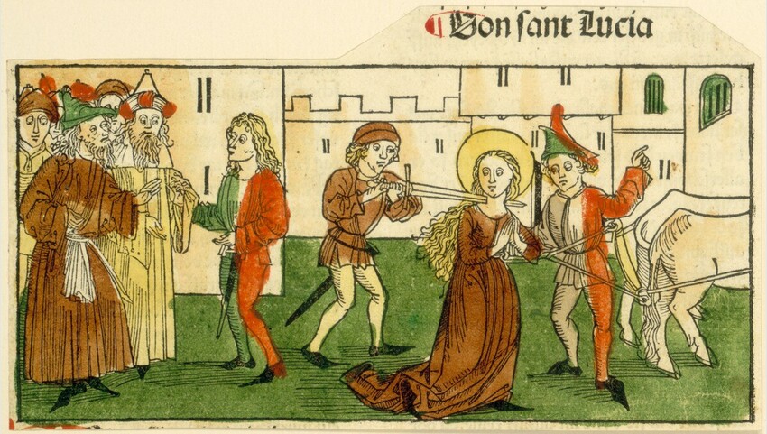 medieval painting of the martyrdom ofSt Lucy.  Several men talk with one man at the left.  the man in the middle pierces St Lucy with a sword.  St Lucy is kneeling and another man drives the horses that are dragging her in chains 