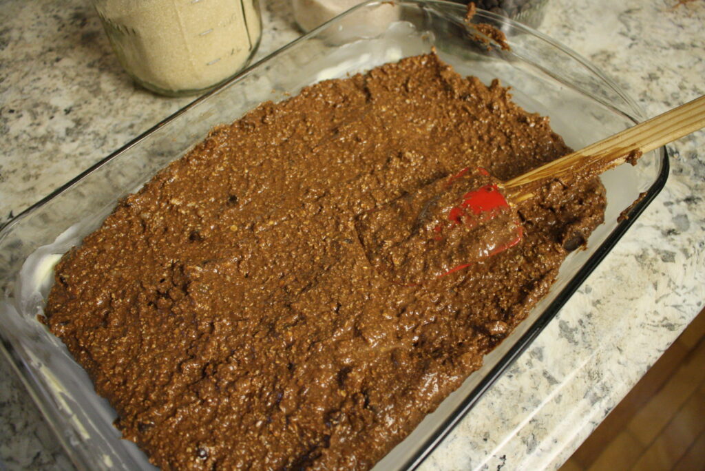 oat flour brownie batter in a glass pan