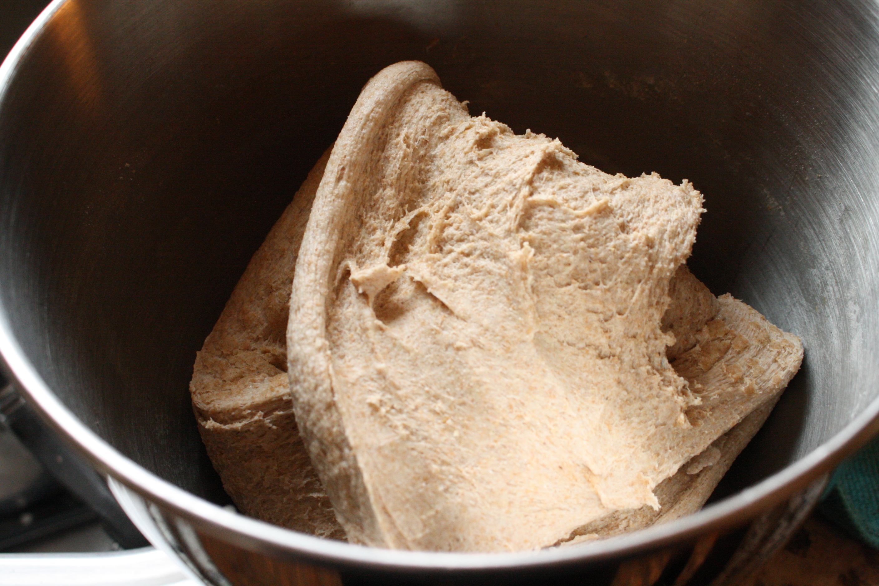 dough folded over in a stainless steel bowl