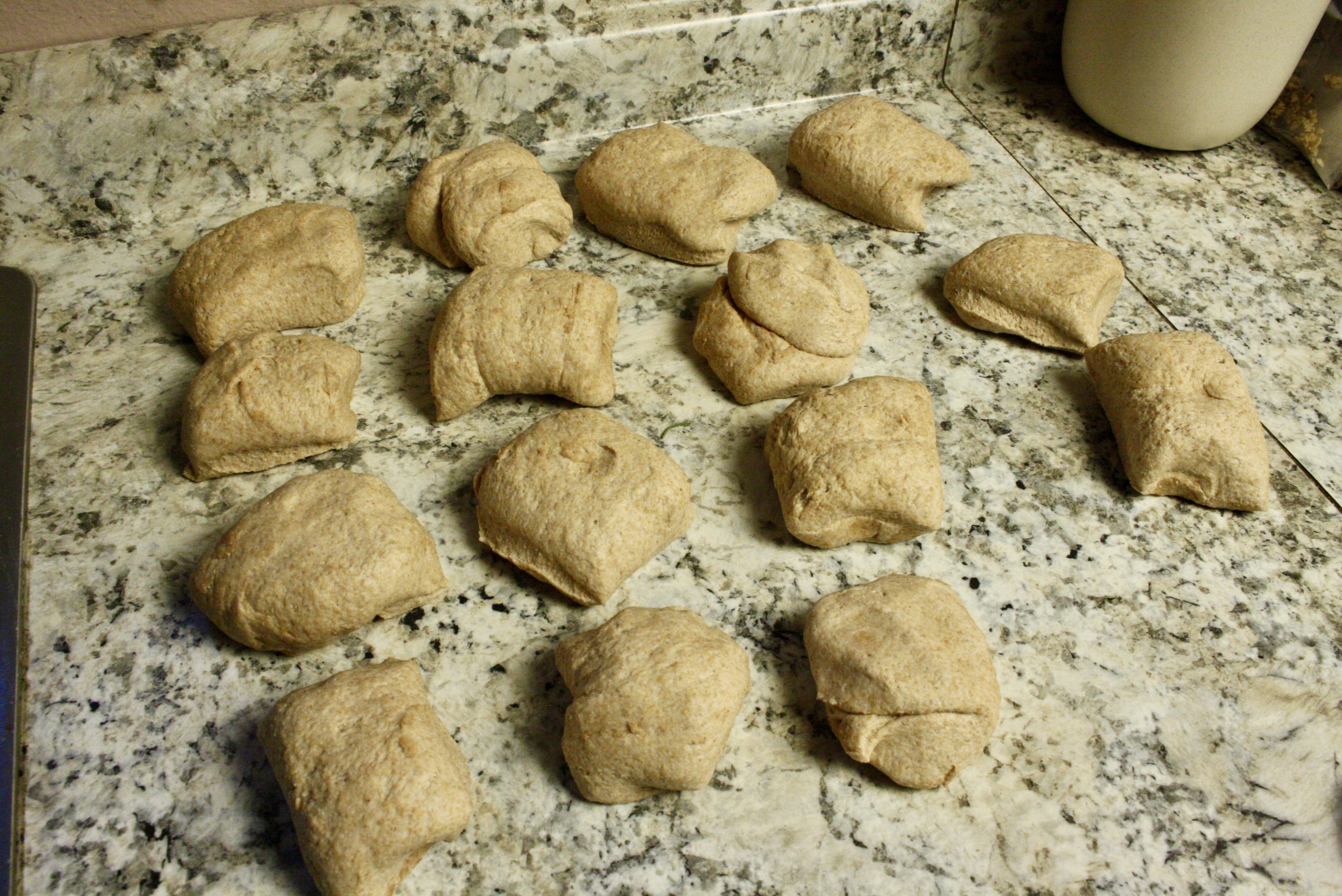 pasty sourdough dough divided into fifteen pieces on a counter