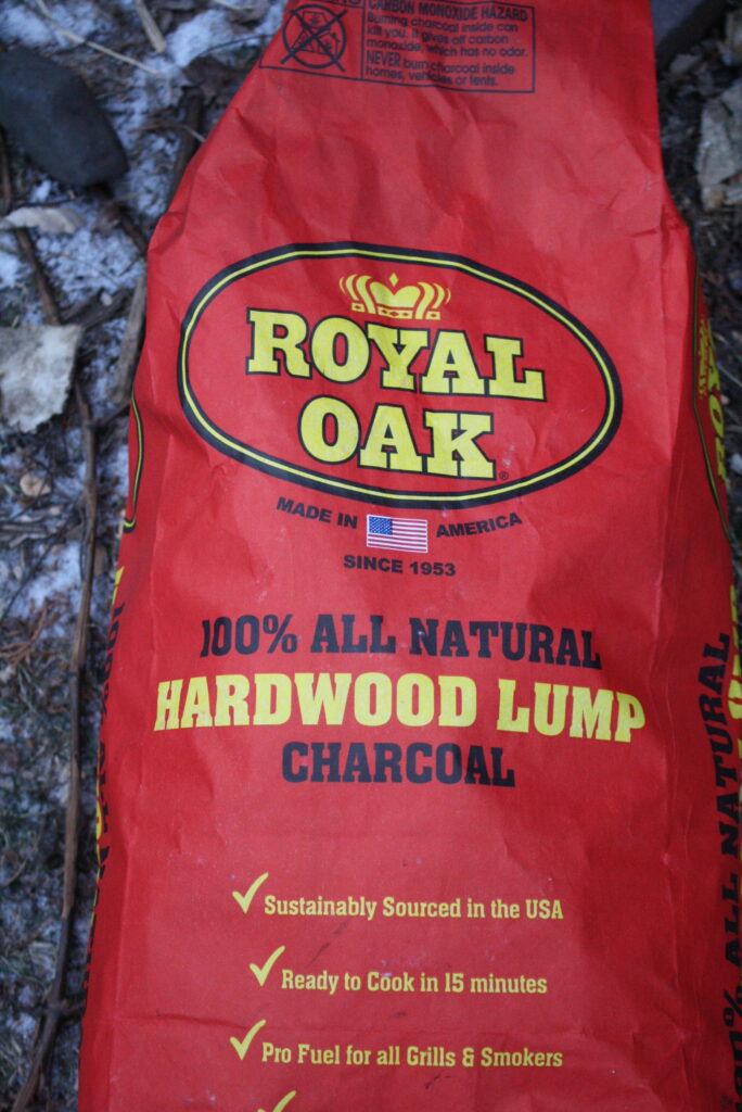 A bag of Royal Oak brand 100% All Natural Hardwood Lump Charcoal