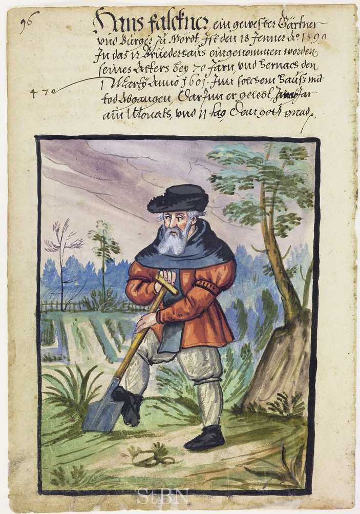 medieval picture of a bearded gardener with a spade