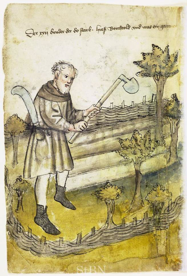 medieval painting of a gardener with a billhook and a broadhoe working in a garden surrounded by wattle fence