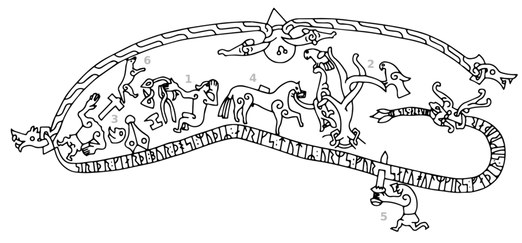 drawing of a runestone inscription depicting a dragon and Sigurd along with a blacksmith forge