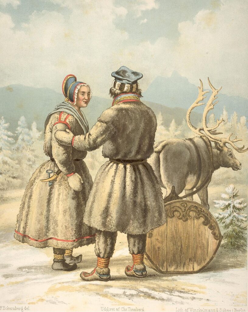 a painting of a Sami woman and Sami man in traditional garb with a reindeer to the right of them pulling a wooden sledge. 