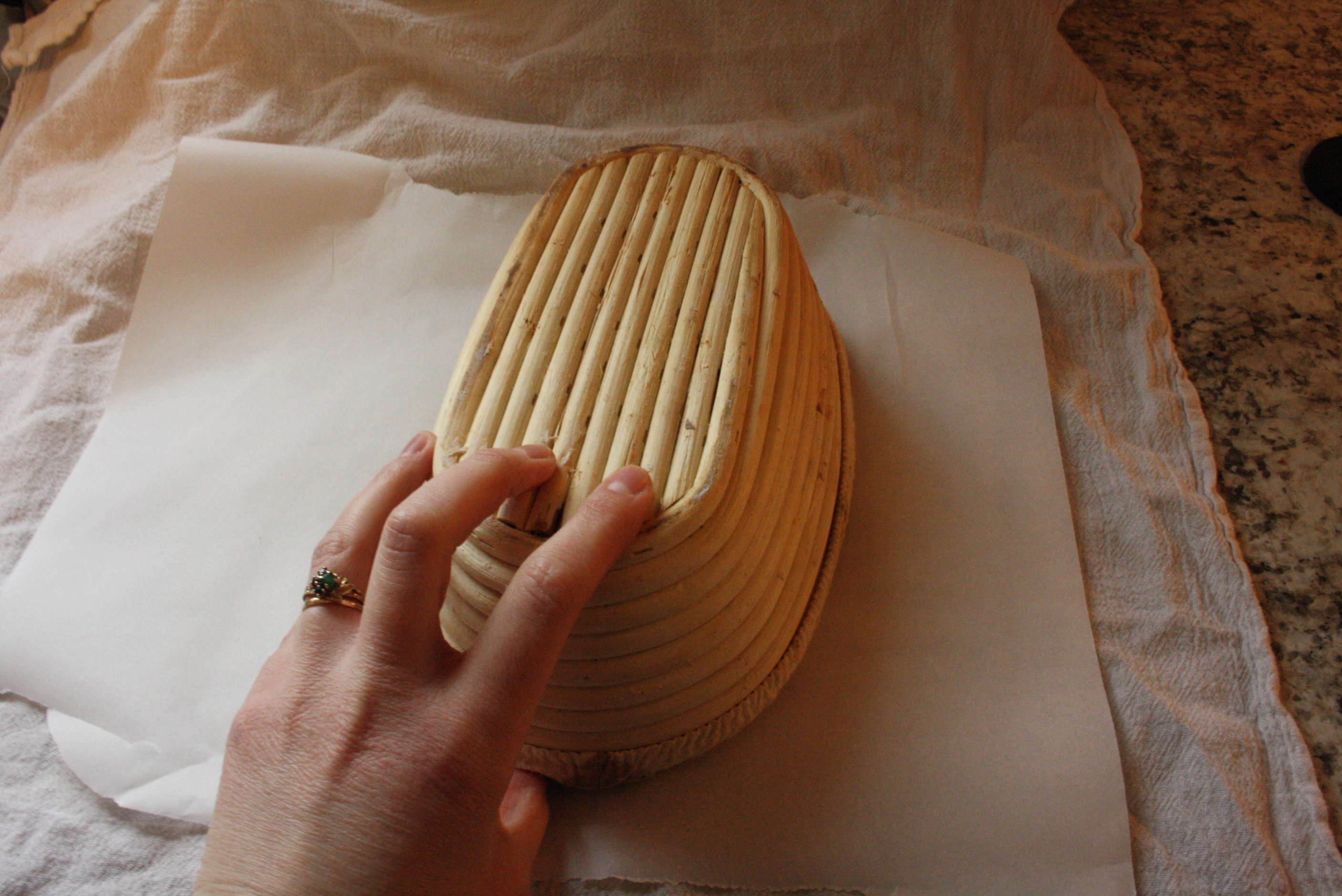 proofing basket upside down on parchment paper