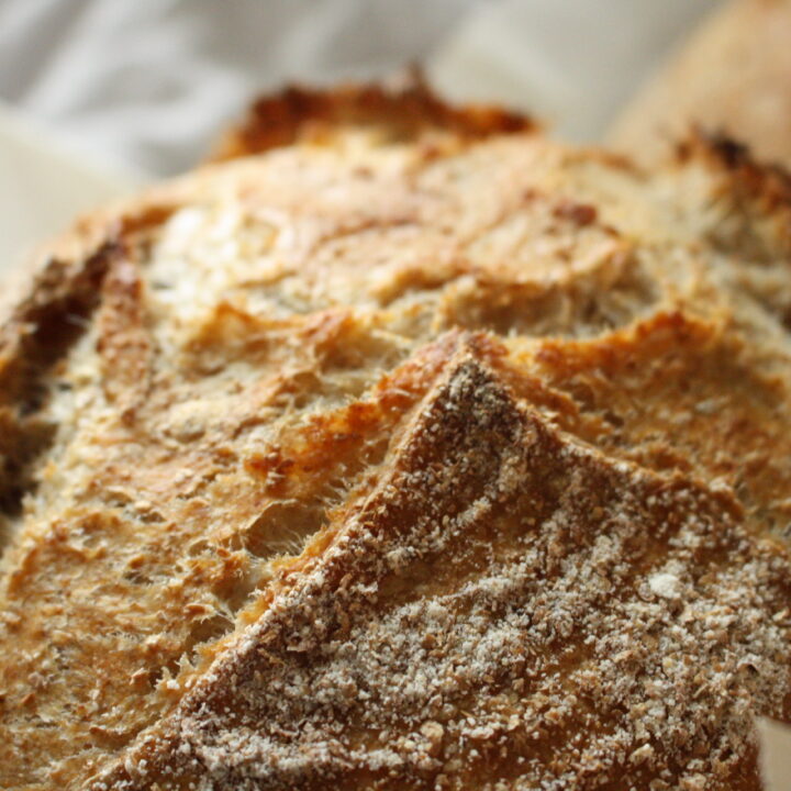 close up photo of a freshly baked loaf of wheat sourdough bread