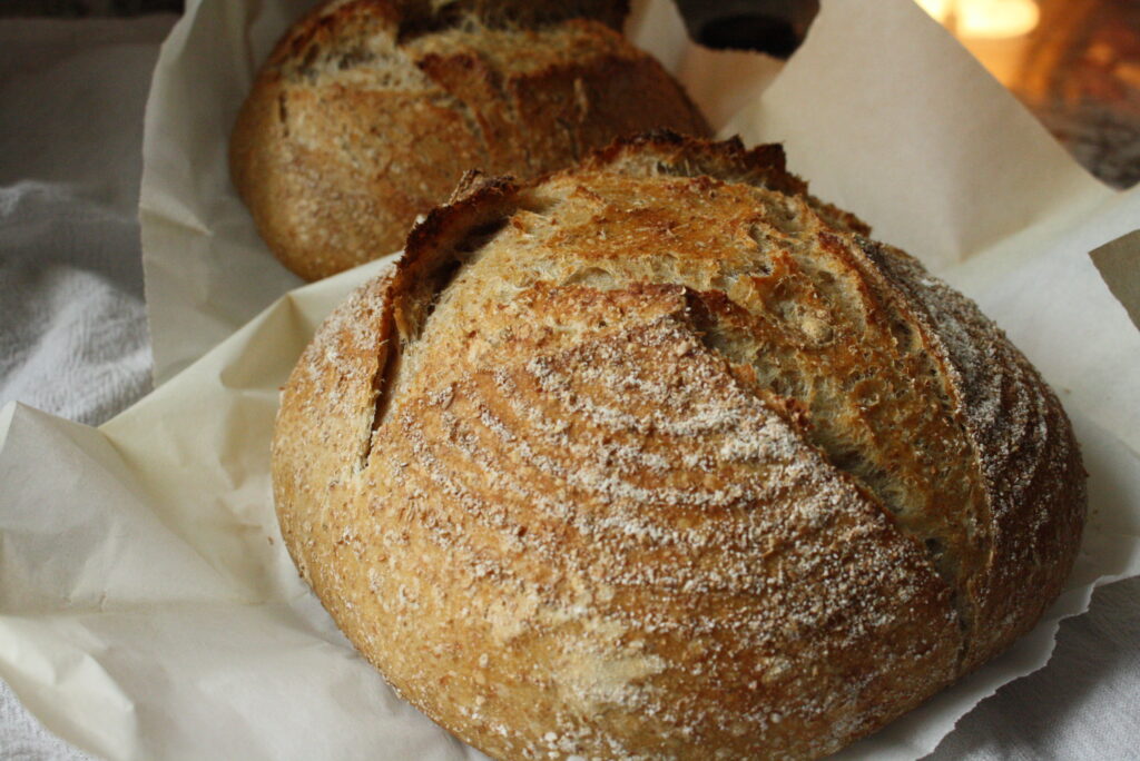 one big whole wheat loaf of sourdough bread on parchment paper with another loaf sitting behind it