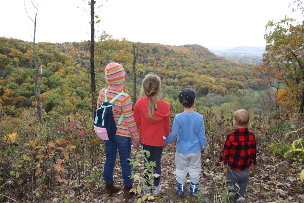 four children holding hands looking out over a wooded valley in the Autumn