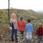 four children holding hands looking out over a wooded valley in the Autumn