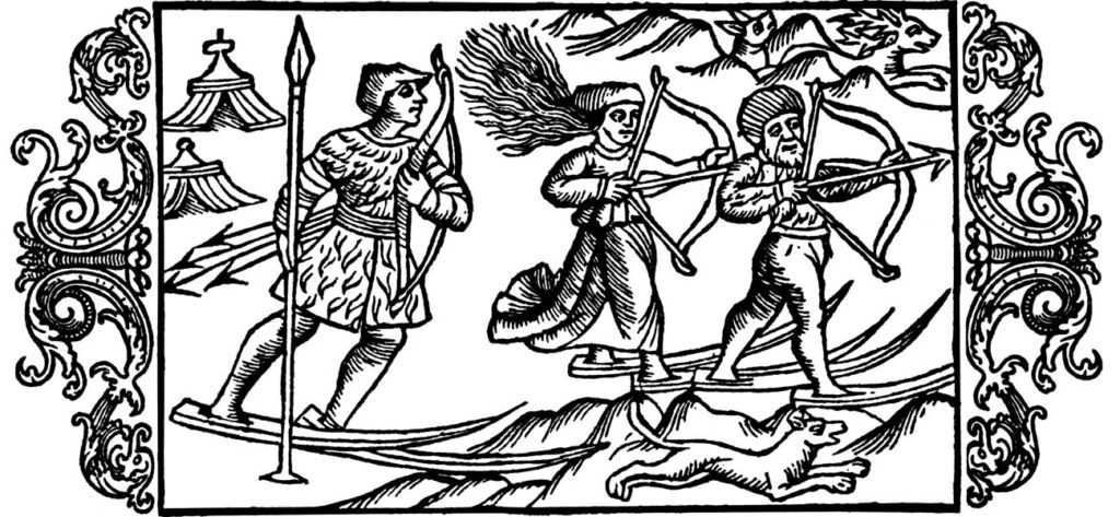 a woodcut of two men and a woman on skis with bows and spears