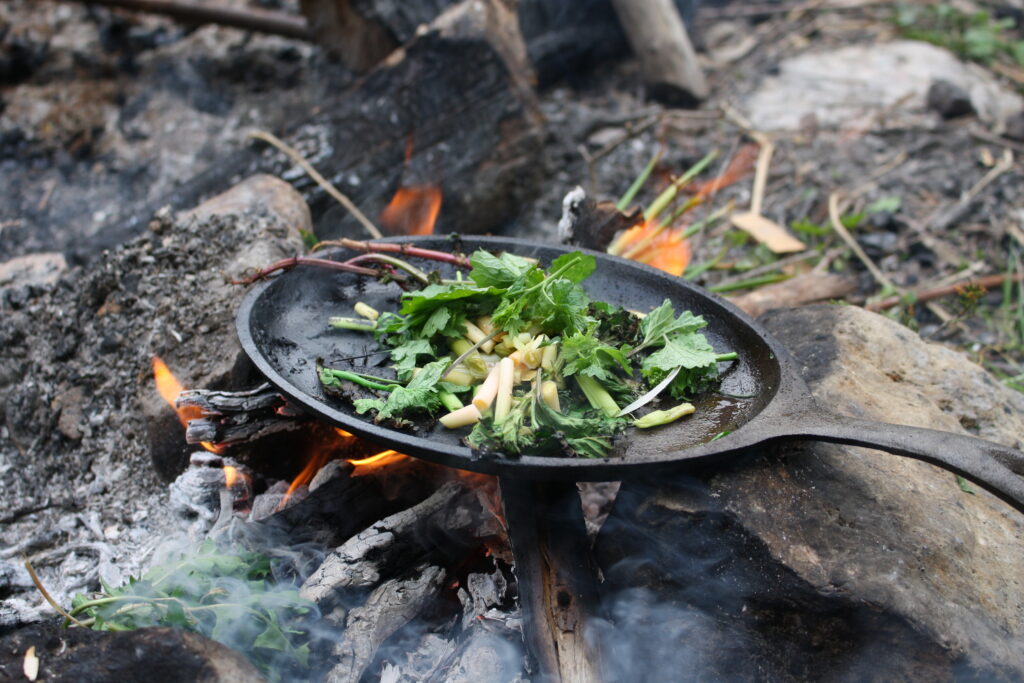 a cast iron skillet on an open fire with nettles frying on it